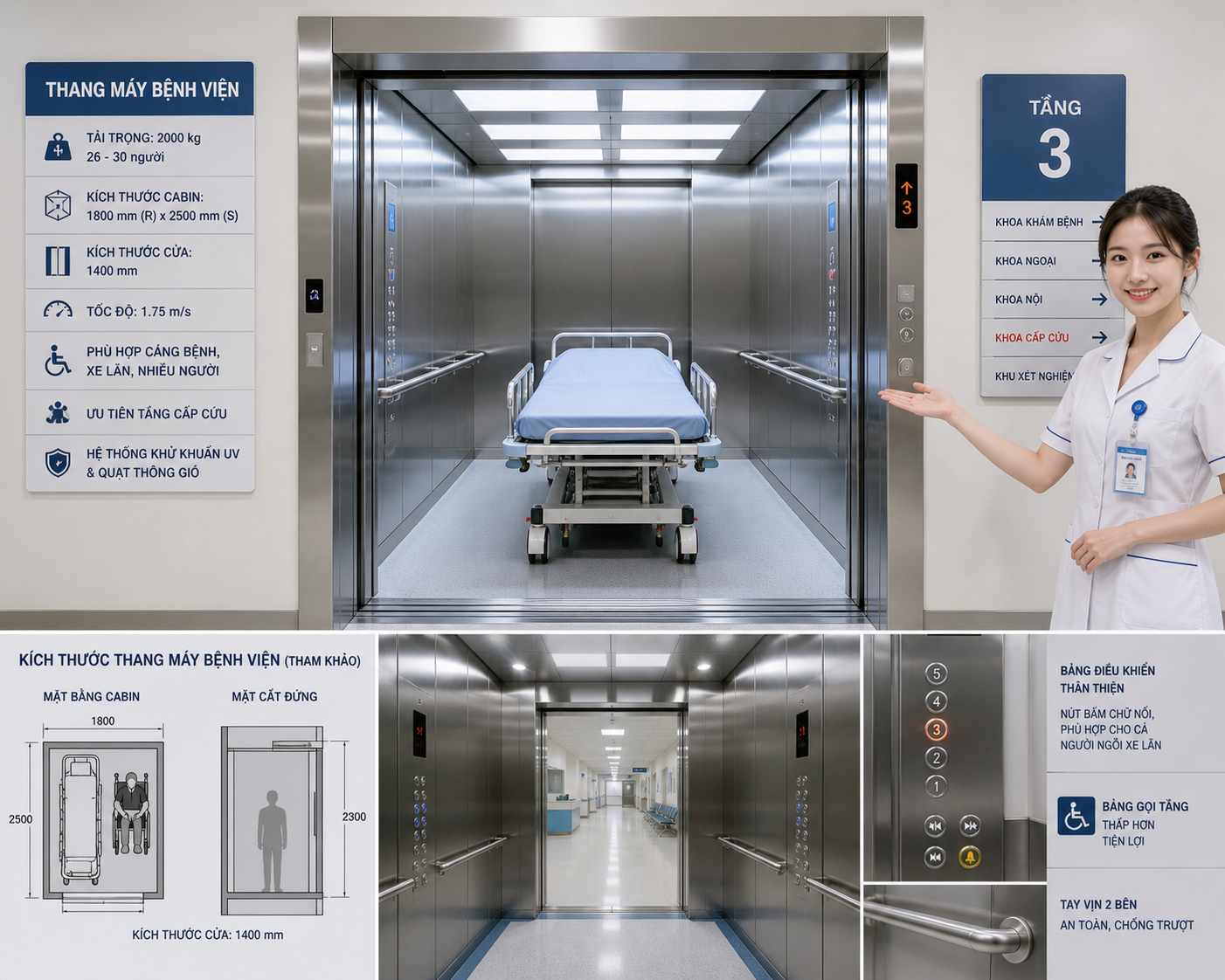 Thang máy bệnh viện cửa mở rộng chở giường bệnh, nữ y tá đứng cạnh hướng dẫn sử dụng